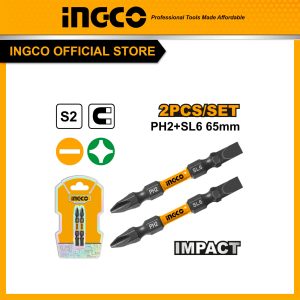 Bộ 2 mũi vít tác động 2 đầu bake 4 cạnh và dẹp INGCO SDBIM72HL665 PH2 + SL6, 65mm, thép công nghiệp S2 cứng bền có nam châm