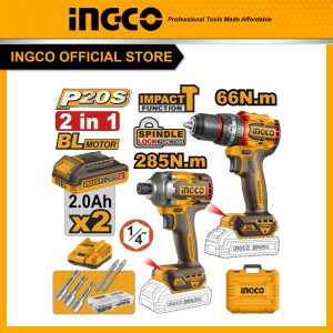 Bộ combo INGCO CKLI20277 máy máy siết vít pin CIRLI20281 285Nm và máy khoan pin CIDLI206681 66Nm ba chức năng có búa 20V, mot