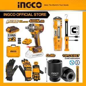 Bộ Combo INGCO BTCB202401 - Máy siết bu lông pin 20V CIWLI2040 + Đèn làm việc HWLI35261 + Găng tay cơ khí HGMG02-XL + Bộ 10 đ