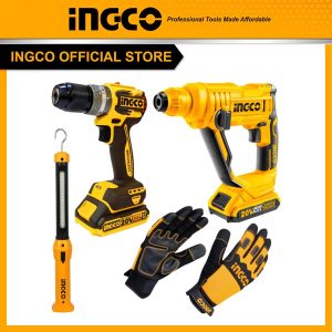 Bộ Combo INGCO BTCB202406 - Máy khoan pin 20V CIDLI20602 + Máy khoan bê tông pin 20V CRHLI1601 + Đèn làm việc HWLI35261 + Găn