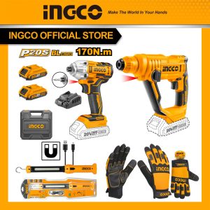 Bộ Combo INGCO BTCB202408 - Máy siết vít pin 20V CIRLI2017 + Máy khoan bê tông pin 20V CRHLI1601 + Đèn làm việc HWLI35261 + G
