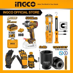 Bộ Combo INGCO BTCB202402 - Máy siết bu lông pin 20V CIWLI2050 + Đèn làm việc HWLI35261 + Găng tay cơ khí HGMG02-XL + Bộ 10 đ