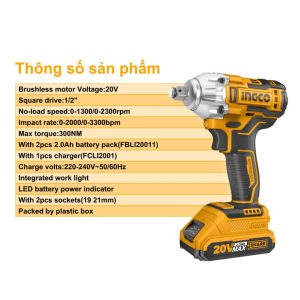 Máy siết bu lông pin 20V motor không chổi than, lực siết 300Nm INGCO CIWLI2038 - Đồ nghề, dụng cụ cầm tay, máy móc thiết bị I