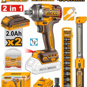 Bộ combo máy siết bulong dùng pin INGCO COSLI23048 400Nm kèm đèn pin, 2 pin 20V, 10 tuýp và phụ kiện - Đồ nghề, dụng cụ cầm t