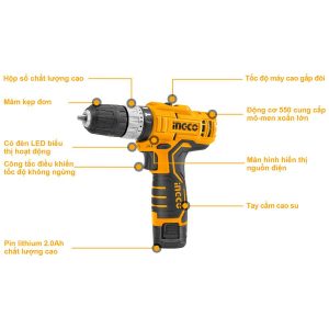 Máy khoan pin 12V ba chức năng có búa INGCO CIDLI1232 - Đồ nghề, dụng cụ cầm tay, máy móc thiết bị INGCO chính hãng, giá tốt