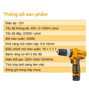 Máy khoan pin 12V ba chức năng có búa INGCO CIDLI1232 - Đồ nghề, dụng cụ cầm tay, máy móc thiết bị INGCO chính hãng, giá tốt