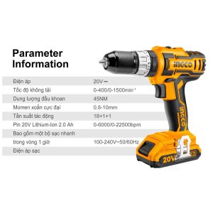 Máy khoan pin 20V ba chức năng có búa INGCO CIDLI2002 - Đồ nghề, dụng cụ cầm tay, máy móc thiết bị INGCO chính hãng, giá tốt