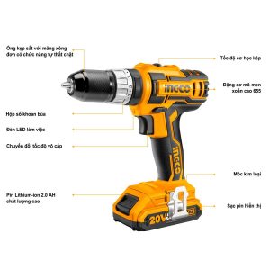 Máy khoan pin 20V ba chức năng có búa INGCO CIDLI2002 - Đồ nghề, dụng cụ cầm tay, máy móc thiết bị INGCO chính hãng, giá tốt