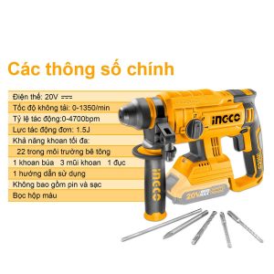Máy khoan bê tông pin 20V motor không chổi than INGCO CRHLI2201 - Đồ nghề, dụng cụ cầm tay, máy móc thiết bị INGCO chính hãng