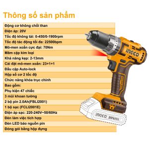 Máy khoan búa dùng pin INGCO CIDLI20605 3 chức năng Mô-men xoắn cực đại 70Nm 22500bpm đầu kẹp 2-13mm motor không chổi than