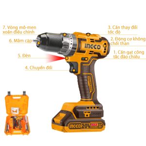 Máy khoan búa dùng pin INGCO CIDLI20605 3 chức năng Mô-men xoắn cực đại 70Nm 22500bpm đầu kẹp 2-13mm motor không chổi than