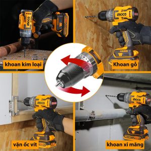 Máy khoan búa dùng pin INGCO CIDLI20605 3 chức năng Mô-men xoắn cực đại 70Nm 22500bpm đầu kẹp 2-13mm motor không chổi than