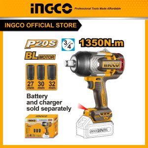 Thân máy siết bu lông INGCO CIWLI201351 dùng pin 20V motor không chổi than, lực siết 1350Nm, trục 3/4" , đầu tuýp 27, 30, 32m