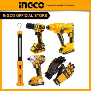Bộ Combo INGCO BTCB202407 - Máy khoan pin 20V CIDLI20602 + Máy khoan bê tông pin 20V CRHLI1601 + Thân máy siết vít pin 20V CIRLI20020 + Đèn làm...