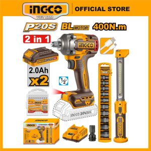 Bộ combo máy siết bulong dùng pin INGCO COSLI23048 400Nm kèm đèn pin, 2 pin 20V, 10 tuýp và phụ kiện - Đồ nghề, dụng cụ cầm tay, máy móc thiết bị...