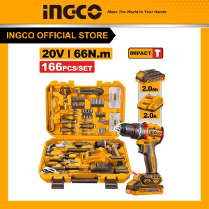 Bộ dụng cụ 166 chi tiết INGCO HKTHP41662 kèm máy khoan pin 20V brushless 66Nm