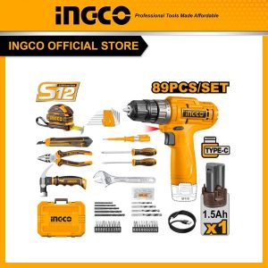 Bộ dụng cụ đa năng 89 chi tiết INGCO HKTHP10891 gồm khoan pin 12V và đồ nghề thông sửa chữa
