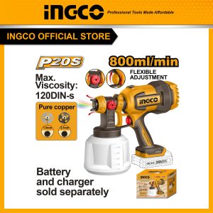 Máy phun sơn dùng pin 20V INGCO CSGLI2004 (thân máy chưa kèm pin và sạc) đầu béc 1.5mm, 2.5mm độ nhớt sơn max 120DIN-s - Đồ