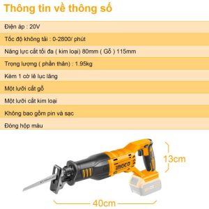 Thân máy cưa kiếm dùng pin INGCO CRSLI1151 20V - Đồ nghề, dụng cụ cầm tay, máy móc thiết bị INGCO chính hãng, giá tốt - góc n