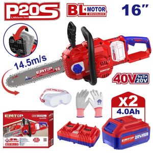 Máy cưa xích 16" dùng pin 20Vx2 Emtop ELGA401682 (2 Piin 4.0Ah, 1 Sạc)