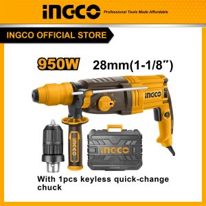 Máy khoan bê tông 950W INGCO RGH9528-2 kèm đầu chuyển đổi mũi khoan kẹp (khoan gỗ, tường, kim loại), lực tác động 2,5J hệ thố